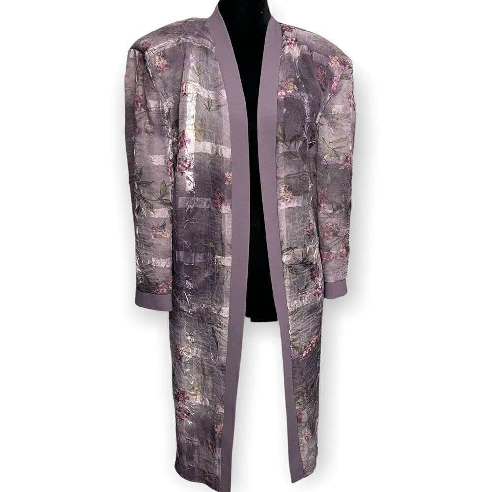 R&M Richards Purple Floral Duster One Size Chic Semi Sheer Purple Long Sleeve